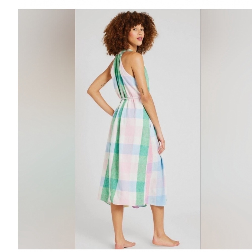 Mille‎ Resort & Travel Pastel Gingham Plaid Cotton Linen Midi Dress Small Pink